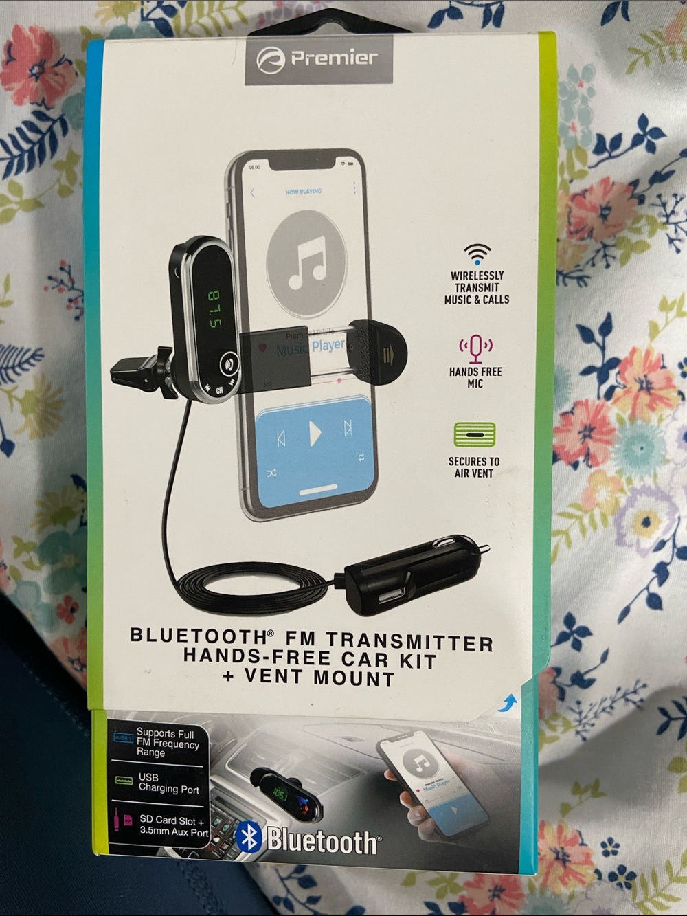 Premier Bluetooth FM Transmitter packaged as a hands-free car kit.